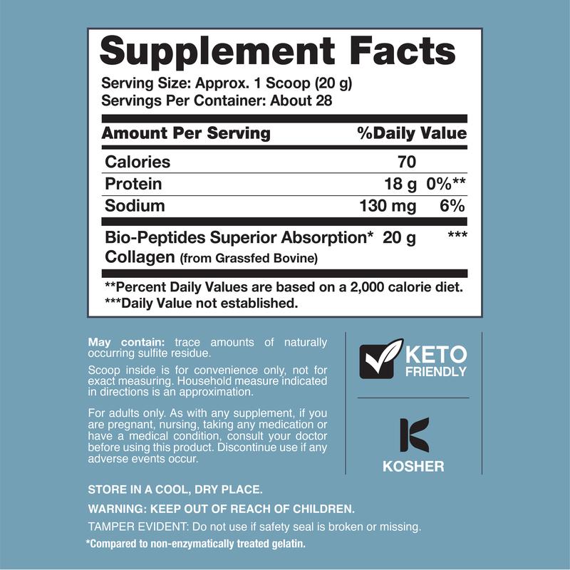 Collagen Bio-Peptides Powder 20oz - Grassfed Protein Supplement - Advanced with 18 Essential Amino Acids